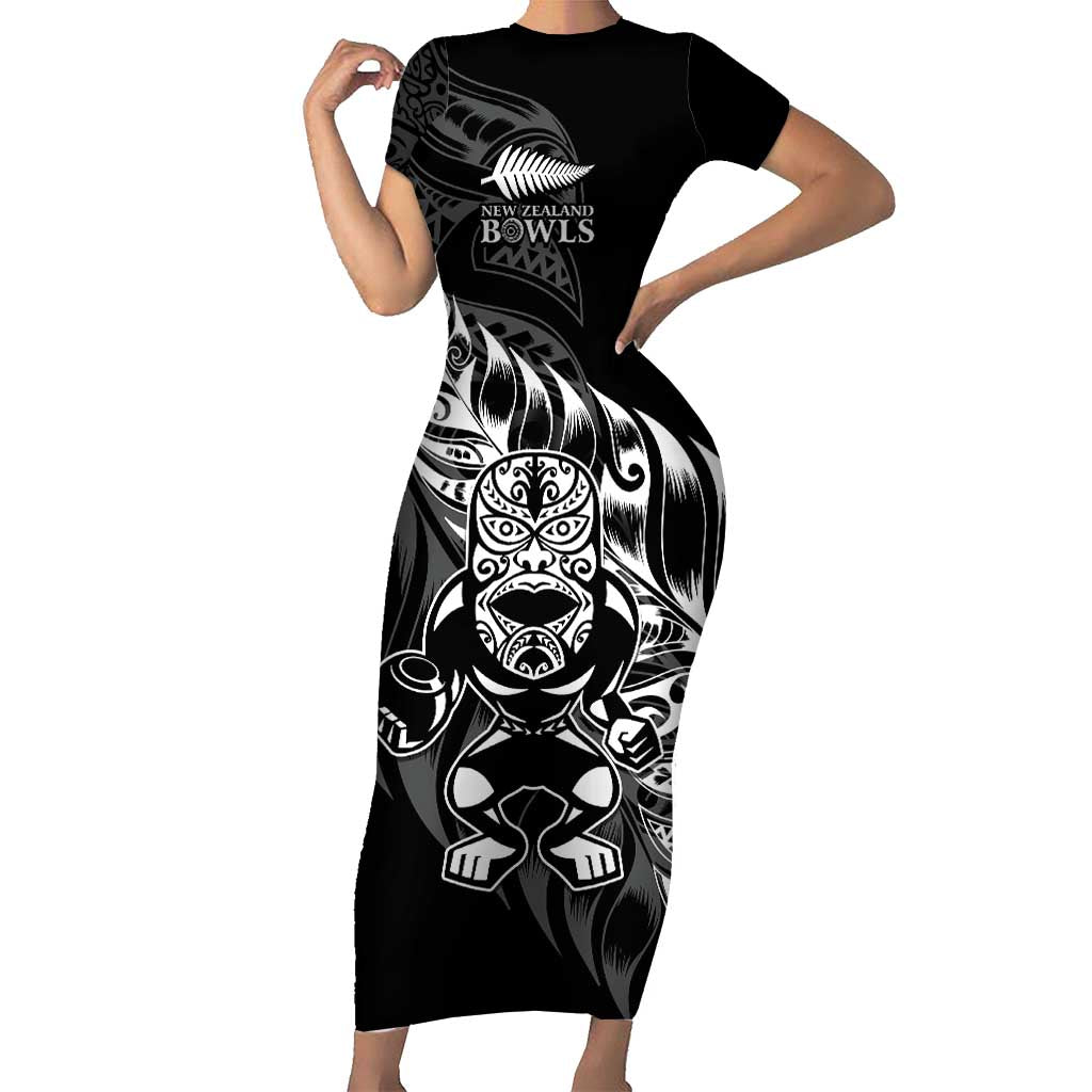 New Zealand Lawn Bowls Custom Short Sleeve Bodycon Dress Black Maori Warrior Tribal Silver Fern - Aussie Hoodie