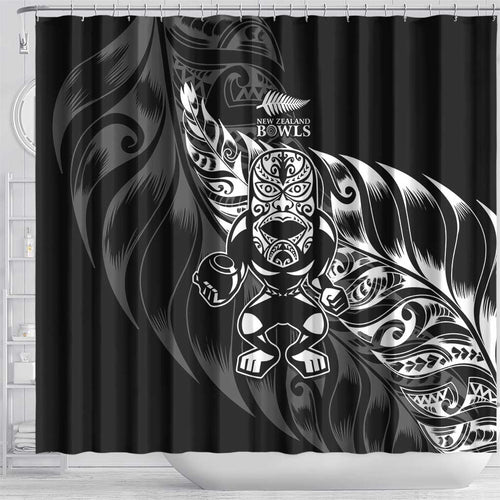 New Zealand Lawn Bowls Shower Curtain Black Maori Warrior Tribal Silver Fern - Aussie Hoodie