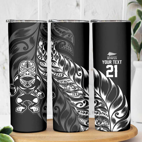 New Zealand Lawn Bowls Custom Skinny Tumbler Black Maori Warrior Tribal Silver Fern - Aussie Hoodie