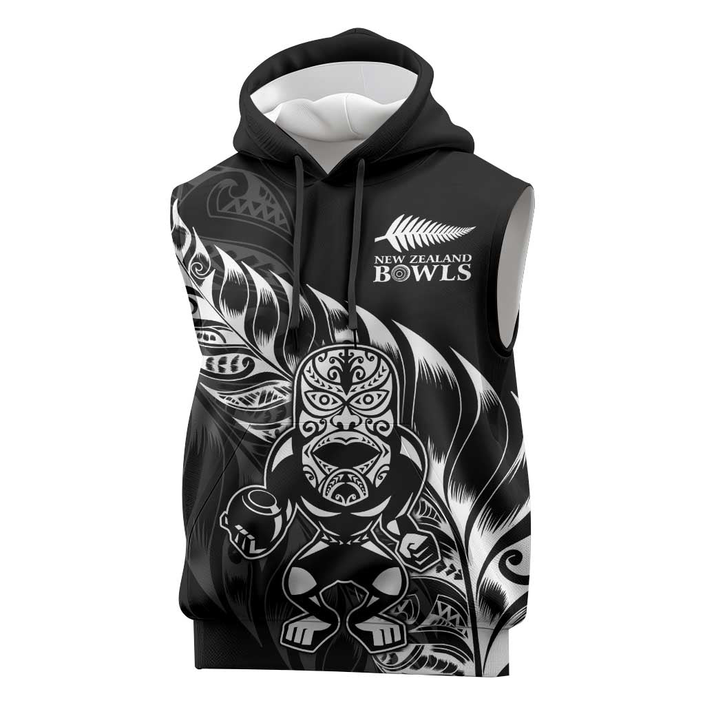 New Zealand Lawn Bowls Custom Sleeveless Hoodie Black Maori Warrior Tribal Silver Fern - Aussie Hoodie