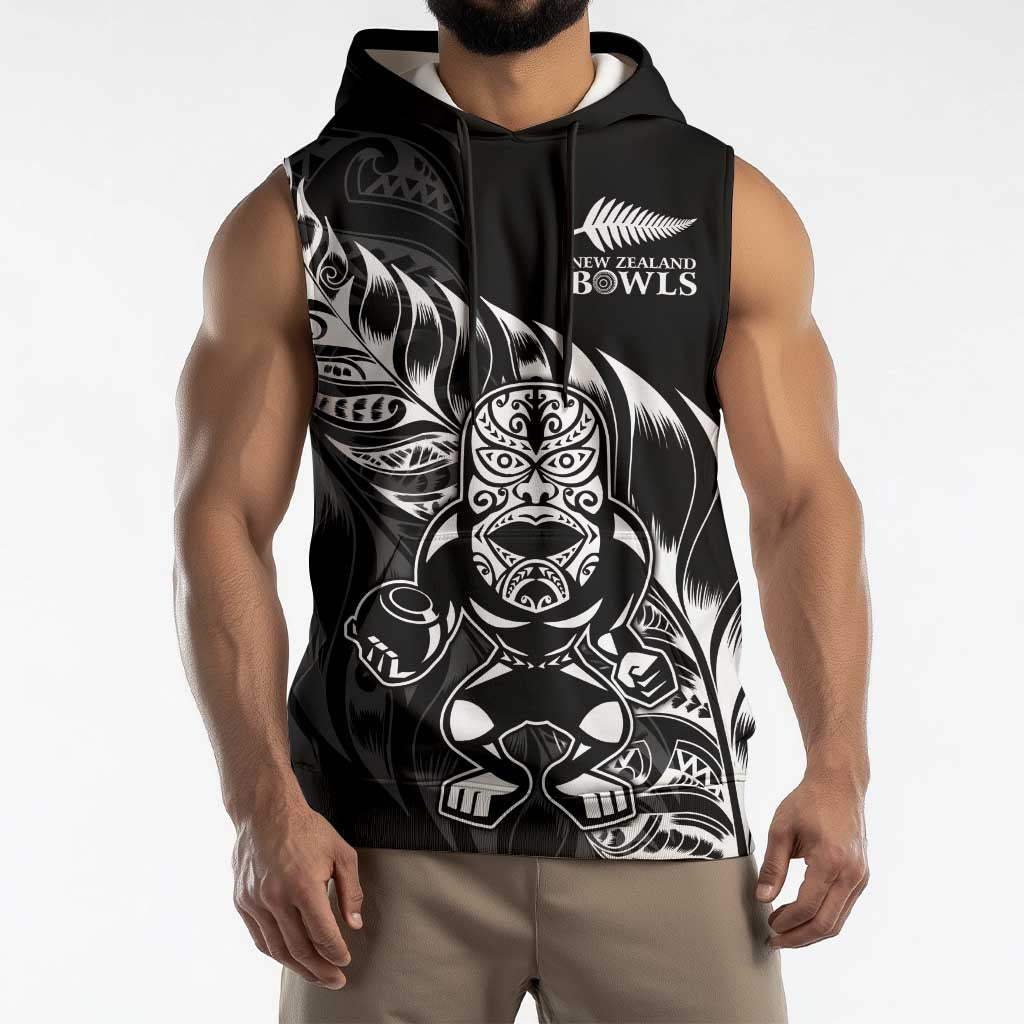New Zealand Lawn Bowls Custom Sleeveless Hoodie Black Maori Warrior Tribal Silver Fern - Aussie Hoodie