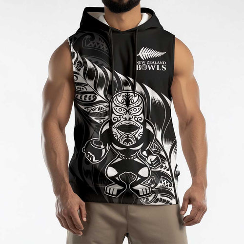 New Zealand Lawn Bowls Custom Sleeveless Hoodie Black Maori Warrior Tribal Silver Fern - Aussie Hoodie