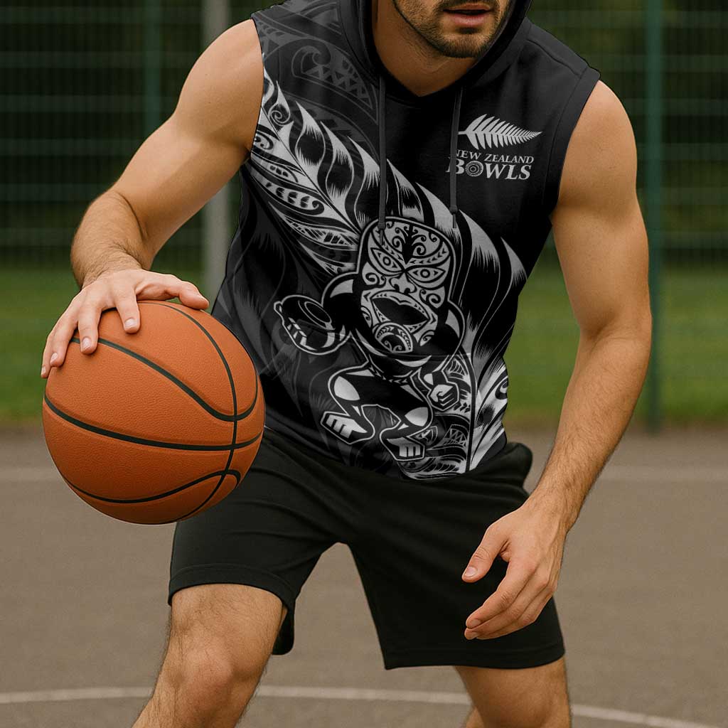 New Zealand Lawn Bowls Custom Sleeveless Hoodie Black Maori Warrior Tribal Silver Fern - Aussie Hoodie
