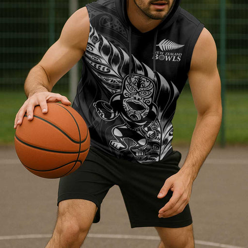 New Zealand Lawn Bowls Custom Sleeveless Hoodie Black Maori Warrior Tribal Silver Fern - Aussie Hoodie