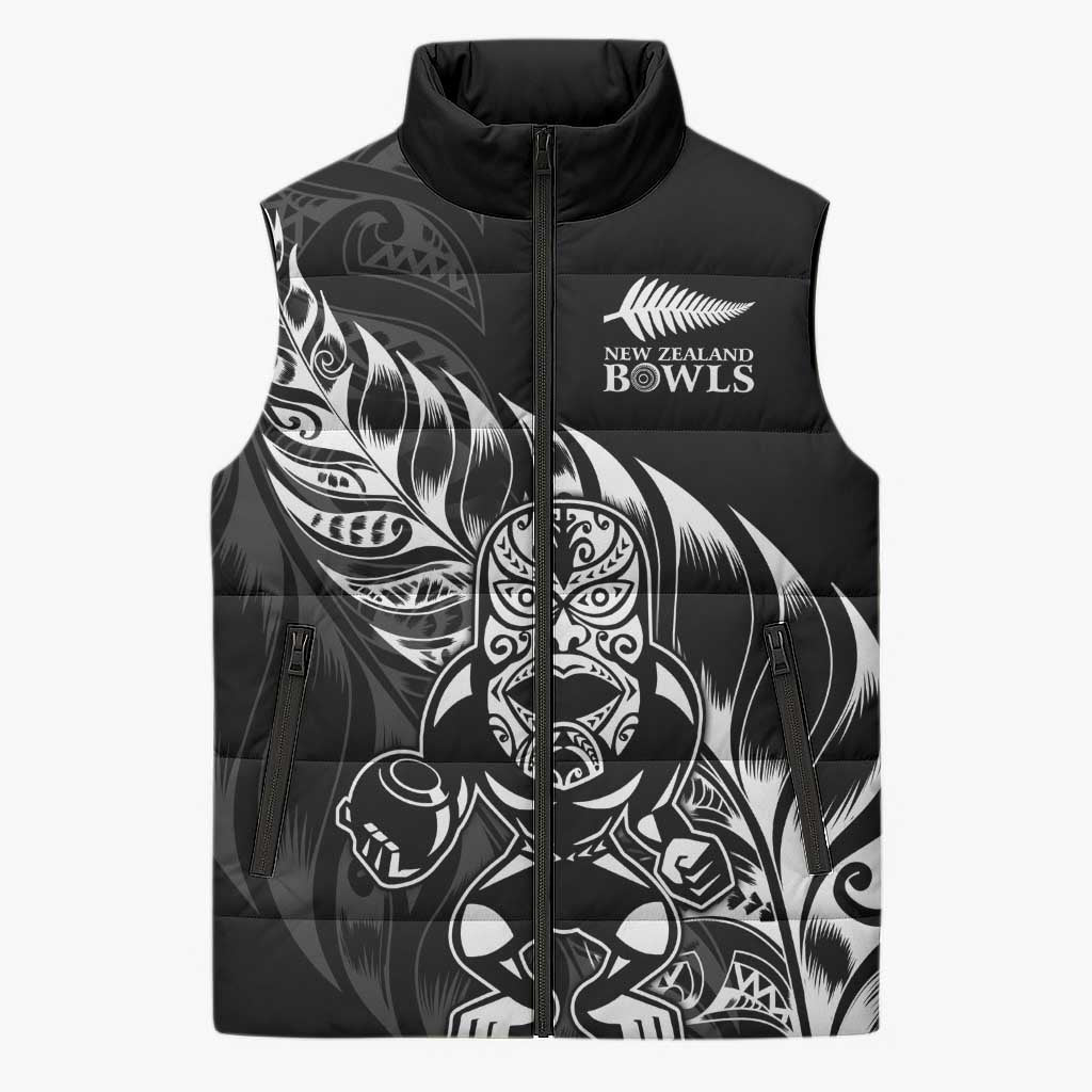 New Zealand Lawn Bowls Custom Sleeveless Puffer Jacket Black Maori Warrior Tribal Silver Fern - Aussie Hoodie