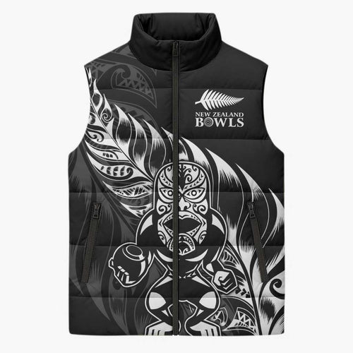 New Zealand Lawn Bowls Custom Sleeveless Puffer Jacket Black Maori Warrior Tribal Silver Fern - Aussie Hoodie