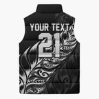 New Zealand Lawn Bowls Custom Sleeveless Puffer Jacket Black Maori Warrior Tribal Silver Fern - Aussie Hoodie