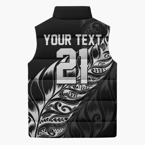 New Zealand Lawn Bowls Custom Sleeveless Puffer Jacket Black Maori Warrior Tribal Silver Fern - Aussie Hoodie