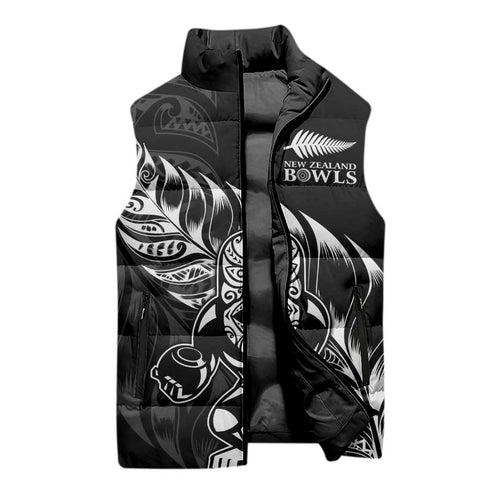 New Zealand Lawn Bowls Custom Sleeveless Puffer Jacket Black Maori Warrior Tribal Silver Fern - Aussie Hoodie