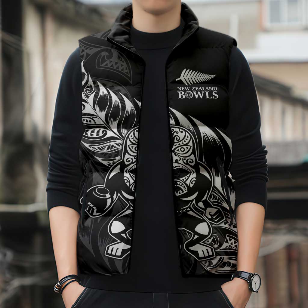 New Zealand Lawn Bowls Custom Sleeveless Puffer Jacket Black Maori Warrior Tribal Silver Fern - Aussie Hoodie