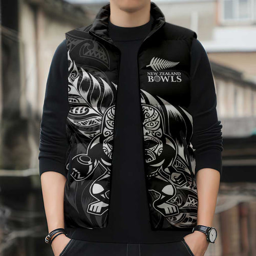 New Zealand Lawn Bowls Custom Sleeveless Puffer Jacket Black Maori Warrior Tribal Silver Fern - Aussie Hoodie
