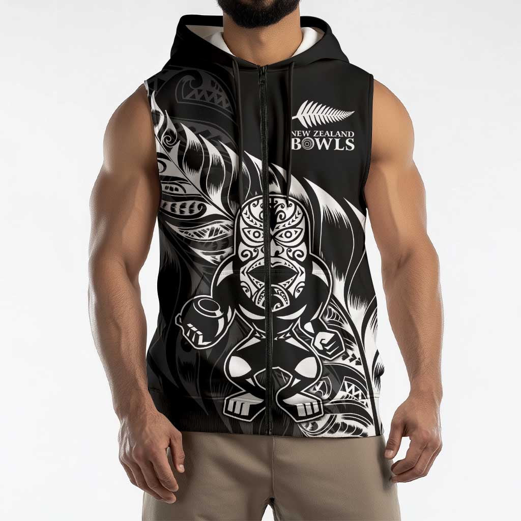 New Zealand Lawn Bowls Custom Sleeveless Zip Hoodie Black Maori Warrior Tribal Silver Fern LT9