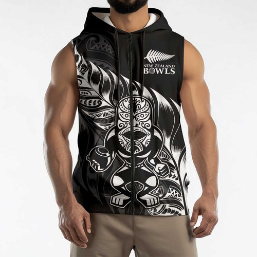 New Zealand Lawn Bowls Custom Sleeveless Zip Hoodie Black Maori Warrior Tribal Silver Fern LT9