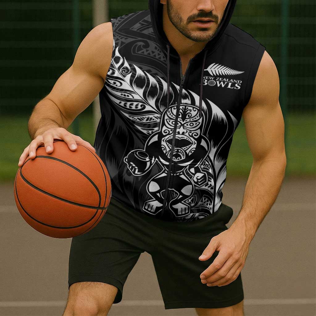 New Zealand Lawn Bowls Custom Sleeveless Zip Hoodie Black Maori Warrior Tribal Silver Fern LT9