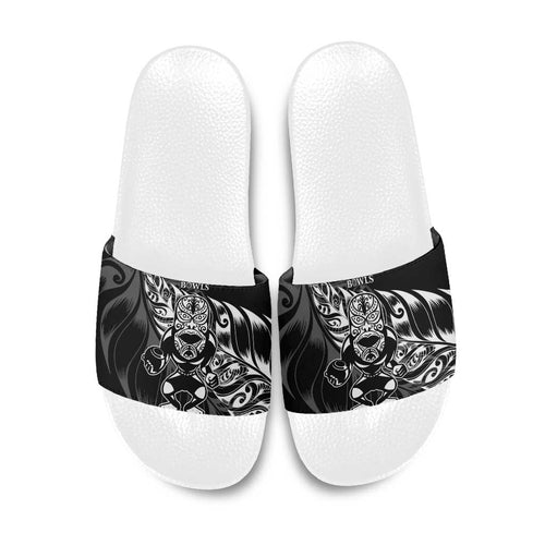 New Zealand Lawn Bowls Slide Sandals Black Maori Warrior Tribal Silver Fern - Aussie Hoodie