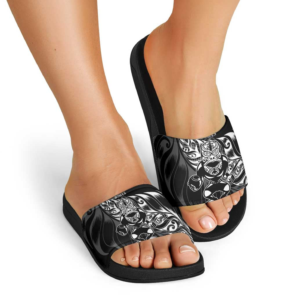 New Zealand Lawn Bowls Slide Sandals Black Maori Warrior Tribal Silver Fern - Aussie Hoodie
