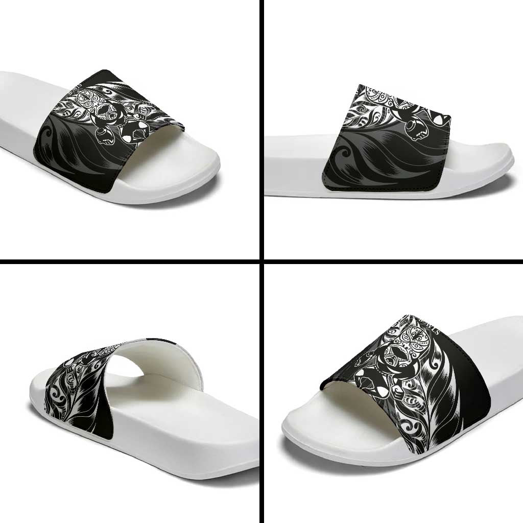 New Zealand Lawn Bowls Slide Sandals Black Maori Warrior Tribal Silver Fern - Aussie Hoodie