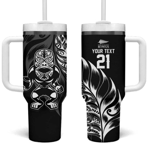 New Zealand Lawn Bowls Custom Tumbler With Handle Black Maori Warrior Tribal Silver Fern - Aussie Hoodie