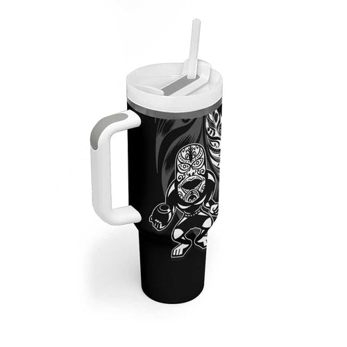 New Zealand Lawn Bowls Custom Tumbler With Handle Black Maori Warrior Tribal Silver Fern - Aussie Hoodie