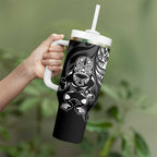 New Zealand Lawn Bowls Custom Tumbler With Handle Black Maori Warrior Tribal Silver Fern - Aussie Hoodie