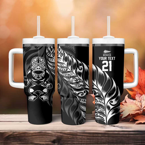 New Zealand Lawn Bowls Custom Tumbler With Handle Black Maori Warrior Tribal Silver Fern - Aussie Hoodie