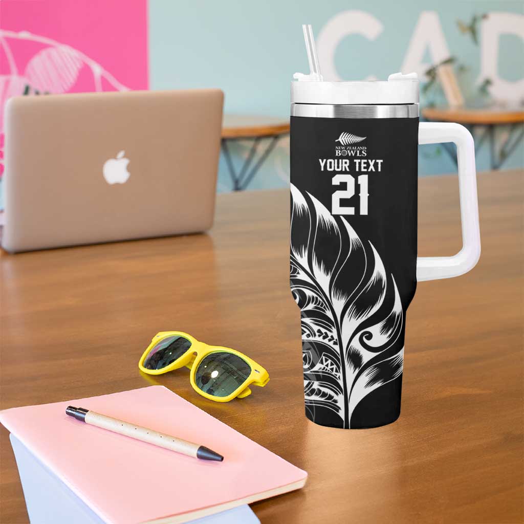 New Zealand Lawn Bowls Custom Tumbler With Handle Black Maori Warrior Tribal Silver Fern - Aussie Hoodie