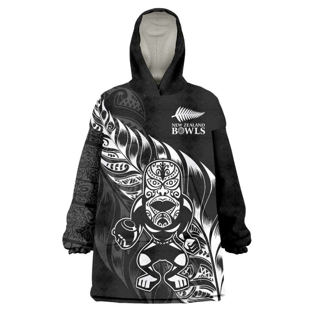 New Zealand Lawn Bowls Custom Wearable Blanket Hoodie Black Maori Warrior Tribal Silver Fern - Aussie Hoodie