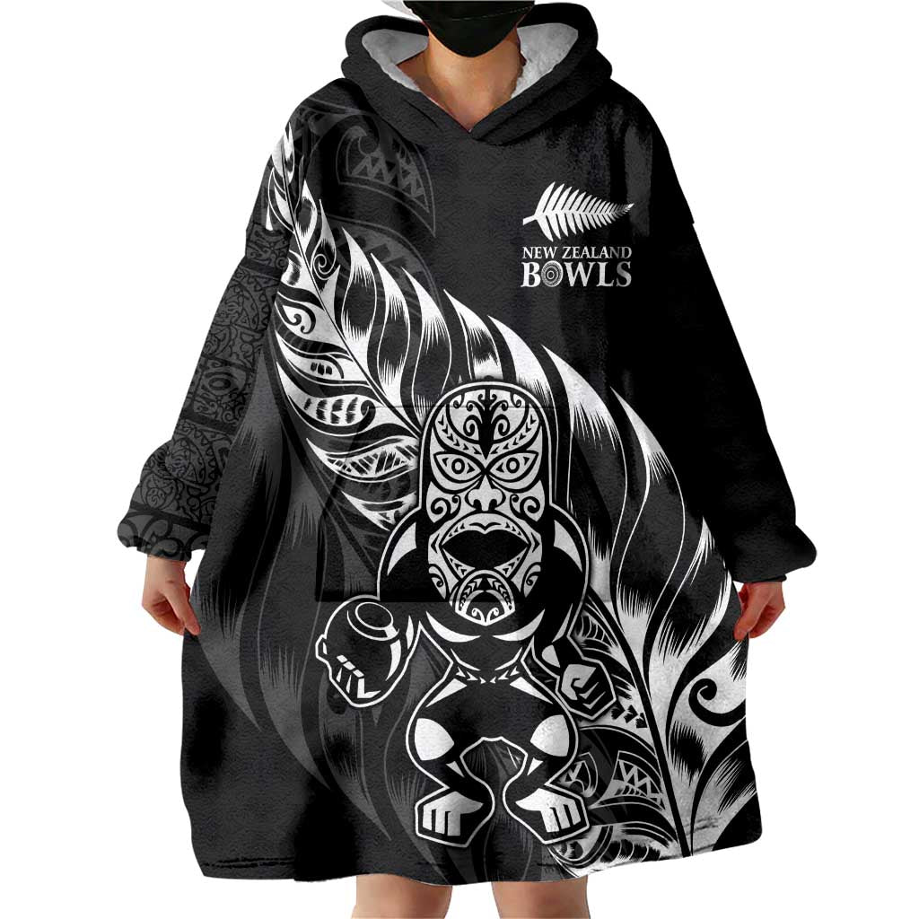 New Zealand Lawn Bowls Custom Wearable Blanket Hoodie Black Maori Warrior Tribal Silver Fern - Aussie Hoodie