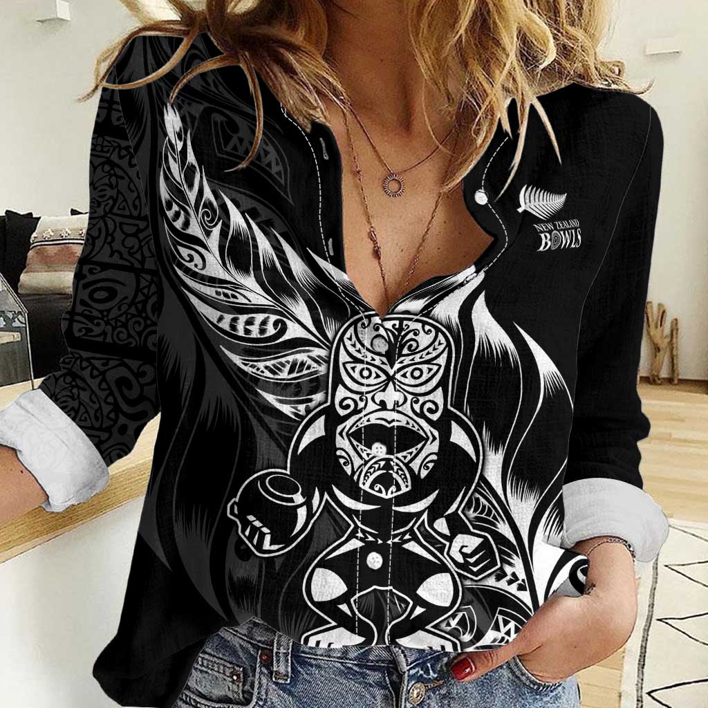 New Zealand Lawn Bowls Custom Women Casual Shirt Black Maori Warrior Tribal Silver Fern - Aussie Hoodie