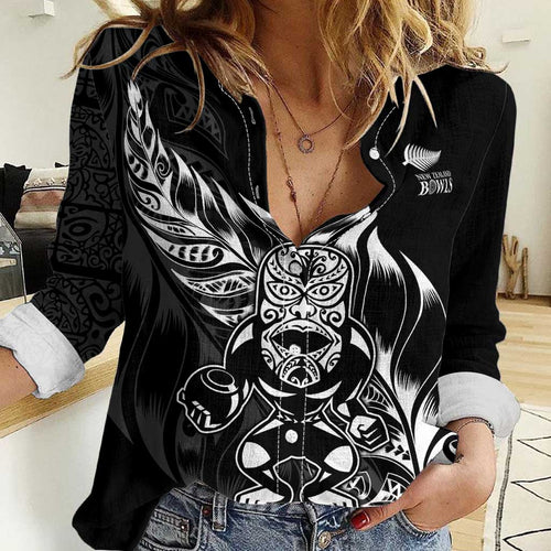 New Zealand Lawn Bowls Custom Women Casual Shirt Black Maori Warrior Tribal Silver Fern - Aussie Hoodie