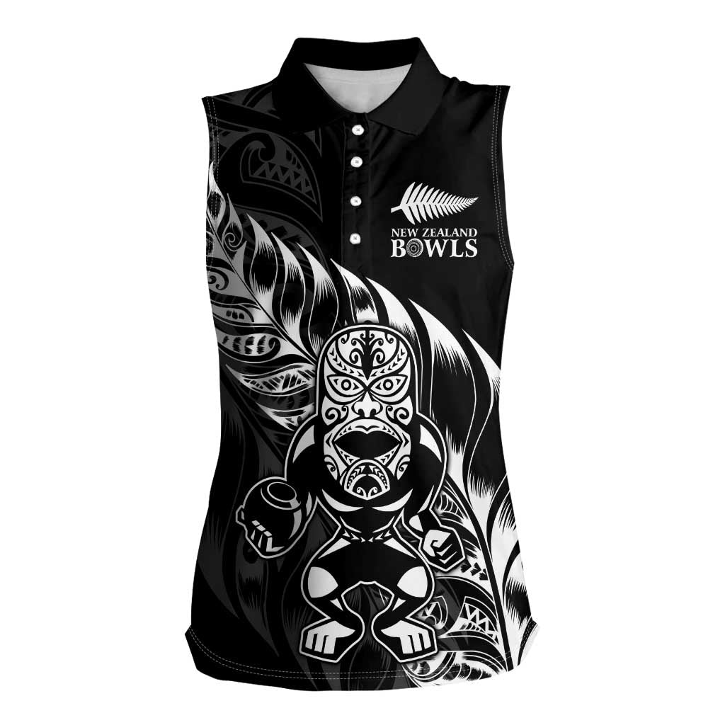 New Zealand Lawn Bowls Custom Women Sleeveless Polo Shirt Black Maori Warrior Tribal Silver Fern - Aussie Hoodie
