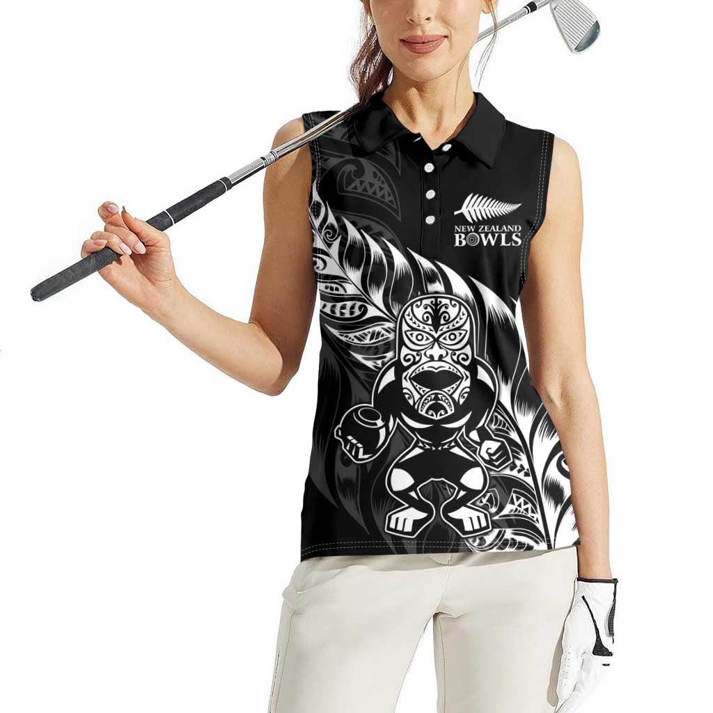 New Zealand Lawn Bowls Custom Women Sleeveless Polo Shirt Black Maori Warrior Tribal Silver Fern - Aussie Hoodie