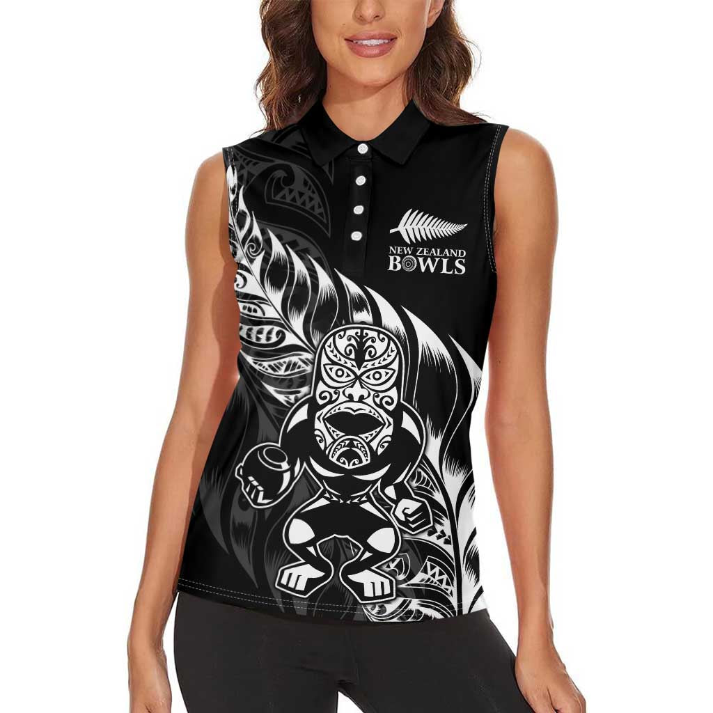 New Zealand Lawn Bowls Custom Women Sleeveless Polo Shirt Black Maori Warrior Tribal Silver Fern - Aussie Hoodie