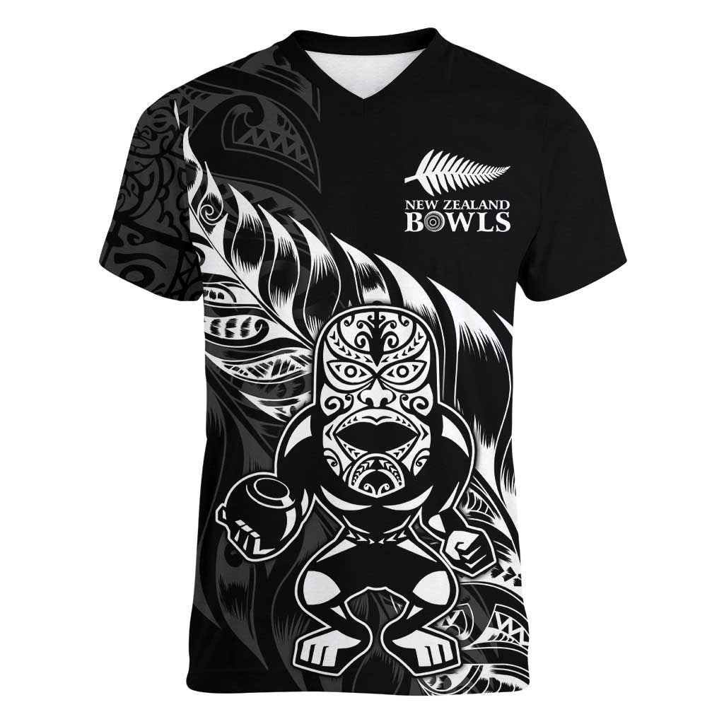 New Zealand Lawn Bowls Custom Women V-Neck T-Shirt Black Maori Warrior Tribal Silver Fern - Aussie Hoodie