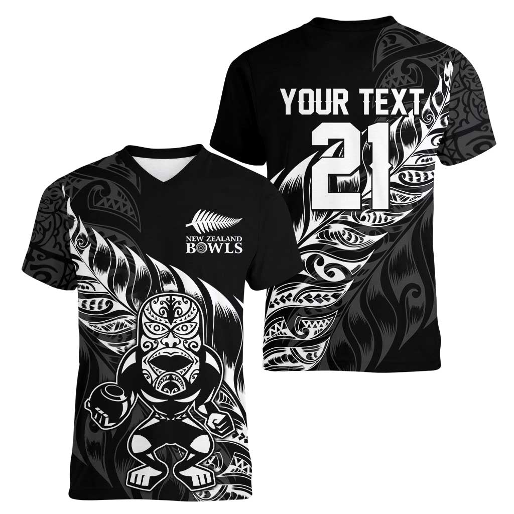 New Zealand Lawn Bowls Custom Women V-Neck T-Shirt Black Maori Warrior Tribal Silver Fern - Aussie Hoodie