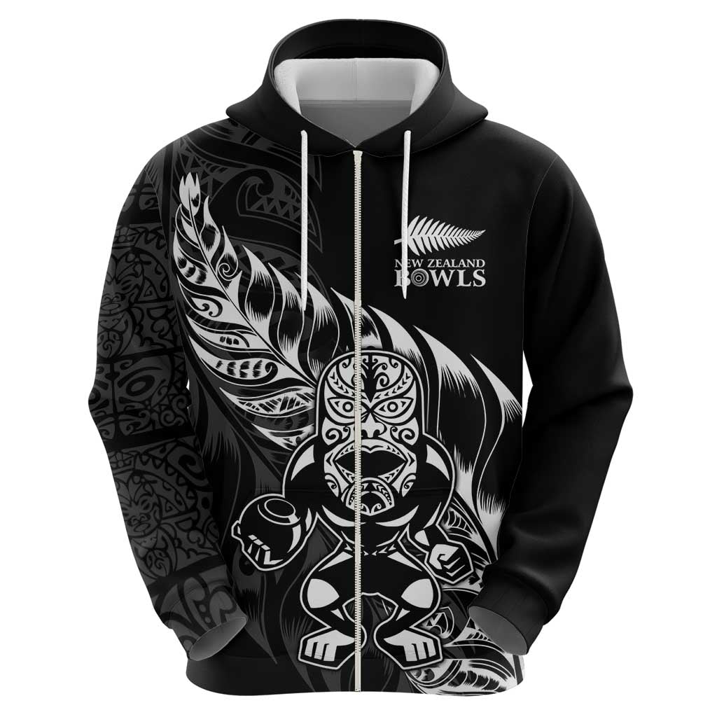 New Zealand Lawn Bowls Custom Zip Hoodie Black Maori Warrior Tribal Silver Fern - Aussie Hoodie