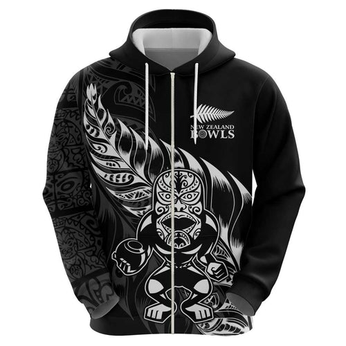 New Zealand Lawn Bowls Custom Zip Hoodie Black Maori Warrior Tribal Silver Fern - Aussie Hoodie