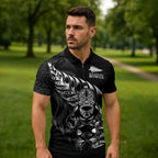 New Zealand Lawn Bowls Custom Zipper Polo Shirt Black Maori Warrior Tribal Silver Fern - Aussie Hoodie