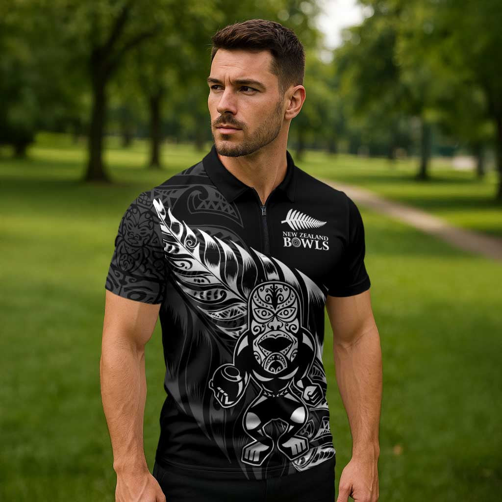 New Zealand Lawn Bowls Custom Zipper Polo Shirt Black Maori Warrior Tribal Silver Fern - Aussie Hoodie