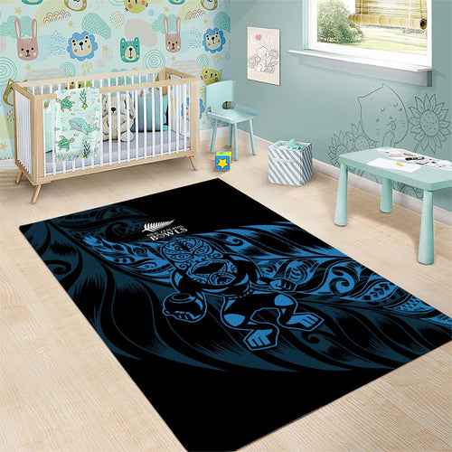 New Zealand Lawn Bowls Area Rug Blue Maori Warrior Tribal Silver Fern - Aussie Hoodie