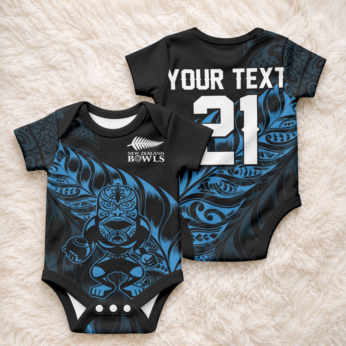 New Zealand Lawn Bowls Custom Baby Onesie Blue Maori Warrior Tribal Silver Fern