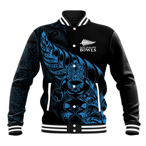New Zealand Lawn Bowls Custom Baseball Jacket Blue Maori Warrior Tribal Silver Fern - Aussie Hoodie