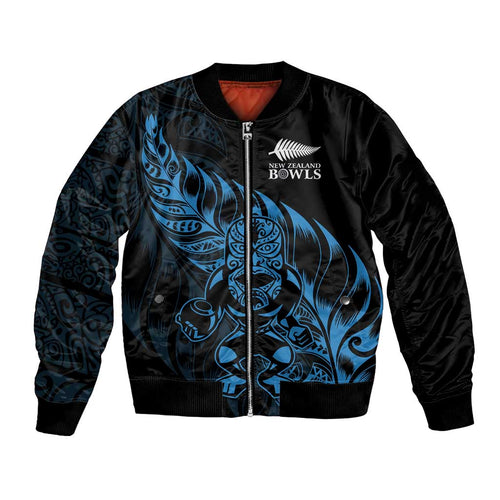 New Zealand Lawn Bowls Custom Bomber Jacket Blue Maori Warrior Tribal Silver Fern - Aussie Hoodie