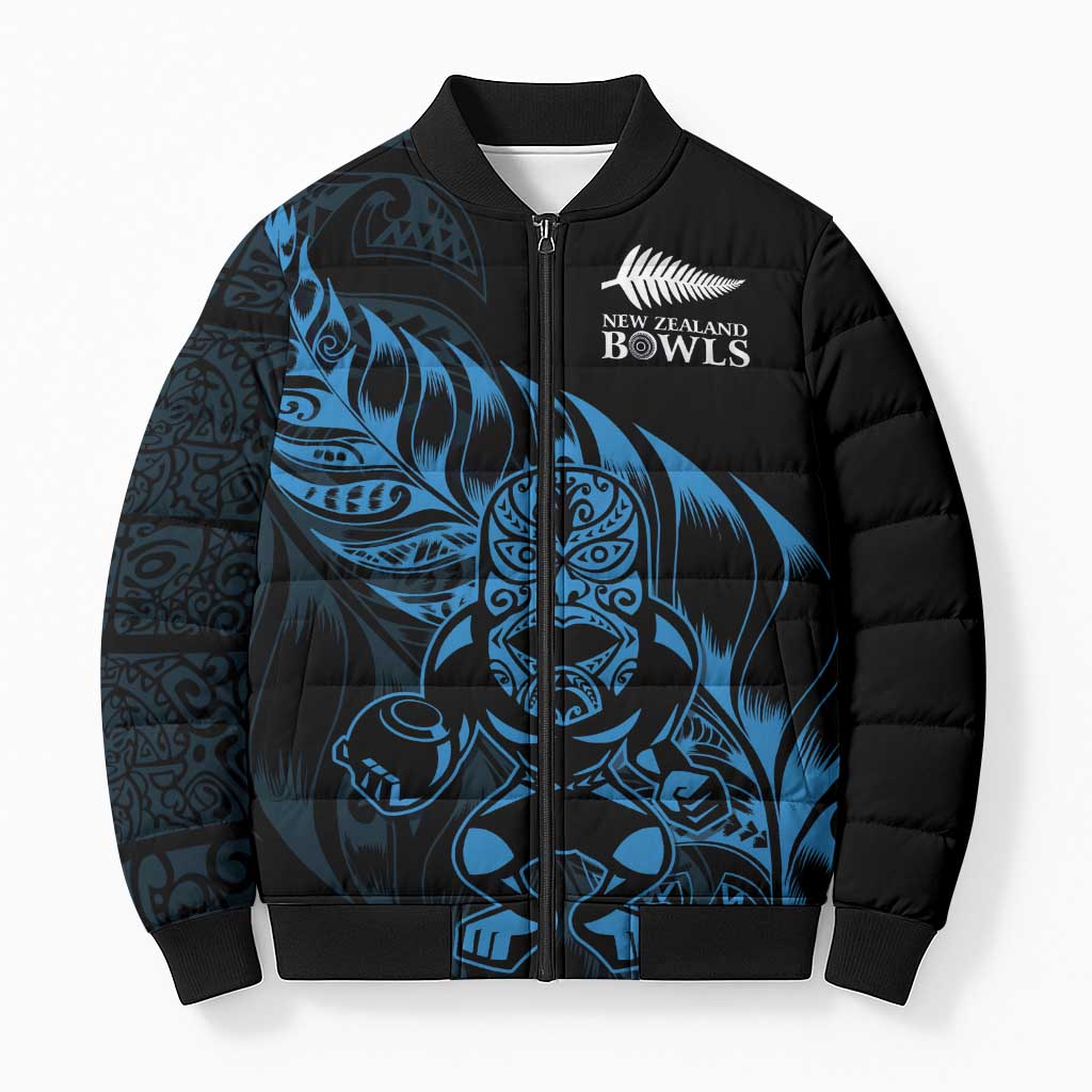 New Zealand Lawn Bowls Custom Bomber Puffer Jacket Blue Maori Warrior Tribal Silver Fern - Aussie Hoodie