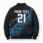 New Zealand Lawn Bowls Custom Bomber Puffer Jacket Blue Maori Warrior Tribal Silver Fern - Aussie Hoodie