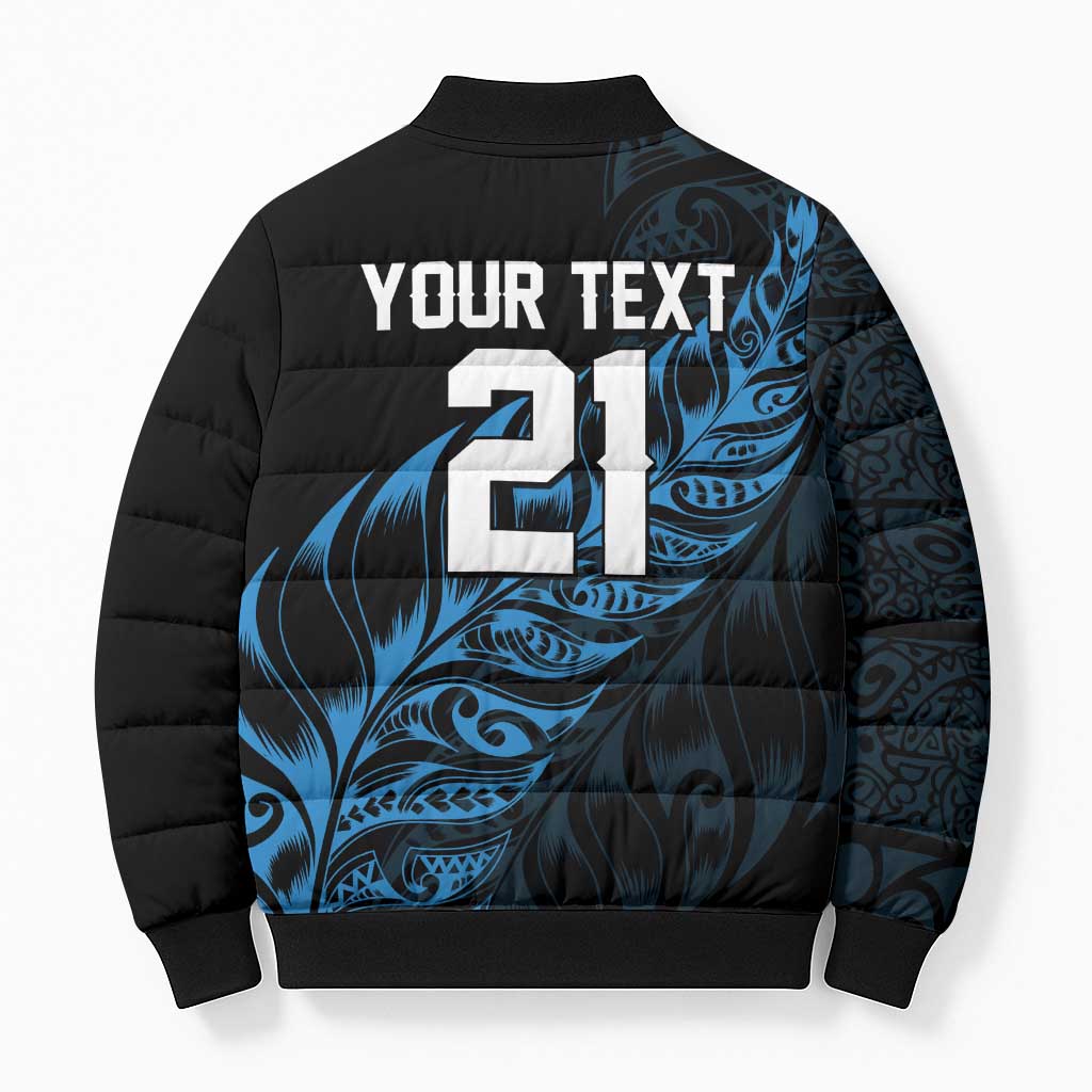New Zealand Lawn Bowls Custom Bomber Puffer Jacket Blue Maori Warrior Tribal Silver Fern - Aussie Hoodie