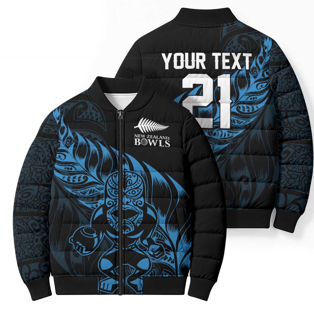 New Zealand Lawn Bowls Custom Bomber Puffer Jacket Blue Maori Warrior Tribal Silver Fern - Aussie Hoodie