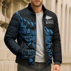 New Zealand Lawn Bowls Custom Bomber Puffer Jacket Blue Maori Warrior Tribal Silver Fern - Aussie Hoodie