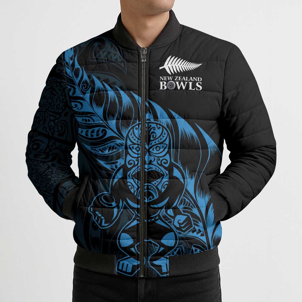 New Zealand Lawn Bowls Custom Bomber Puffer Jacket Blue Maori Warrior Tribal Silver Fern - Aussie Hoodie