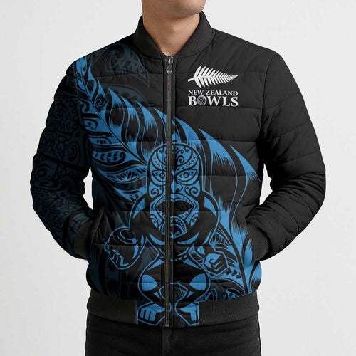 New Zealand Lawn Bowls Custom Bomber Puffer Jacket Blue Maori Warrior Tribal Silver Fern - Aussie Hoodie